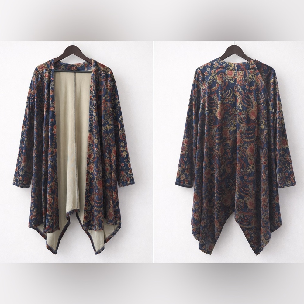 Very J Velvet Floral Kimono with Blue and Red Accents